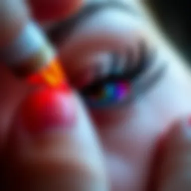 Close-up of Application Close-up of colored lashes applied to the eyelashes showcasing depth and color