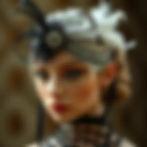 Intricate design of a birdcage hair piece adorned with delicate lace and feathers
