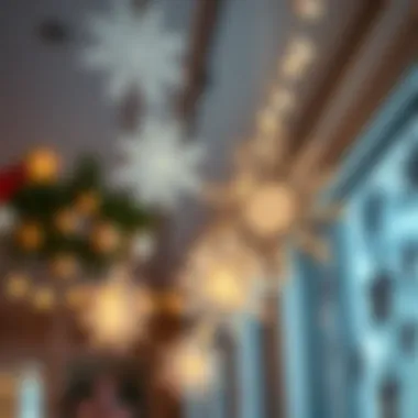 Delicate Paper Snowflakes in a Festive Setting Intricately designed paper snowflakes hanging from a ceiling