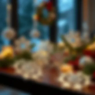 Elegant Snowflake Ornaments Showcased on a Table A beautifully arranged display of snowflake ornaments on a table