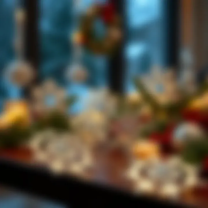 Elegant Snowflake Ornaments Showcased on a Table A beautifully arranged display of snowflake ornaments on a table