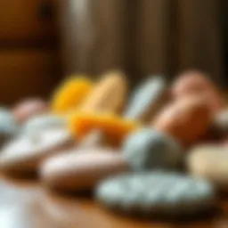 A variety of heel scrubber stones displayed on a wooden surface.