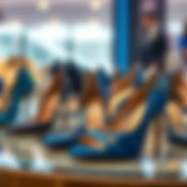 Various styles of blue heels displayed on a table