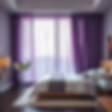 A serene bedroom featuring purple sheer curtains, creating a tranquil and stylish atmosphere.