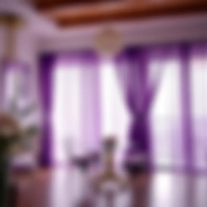 A chic dining area with purple sheer curtain panels providing a soft, ambient light.