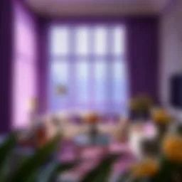 A luxurious living room adorned with purple sheer curtain panels flowing elegantly by the window.