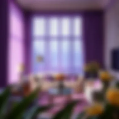 A luxurious living room adorned with purple sheer curtain panels flowing elegantly by the window.