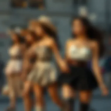 A historical depiction of fashion evolution featuring garter belt skirts