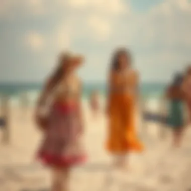 Stylish Beach Scene with Drawstring Skirts Stylish beach scene featuring drawstring cover-up skirts in outdoor settings