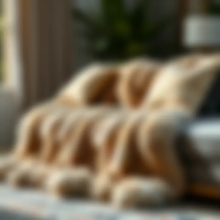 Luxurious faux rabbit fur blanket draped over a couch