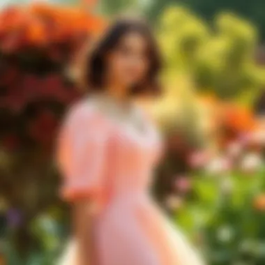 Elegant puff sleeve flare dress in a garden setting