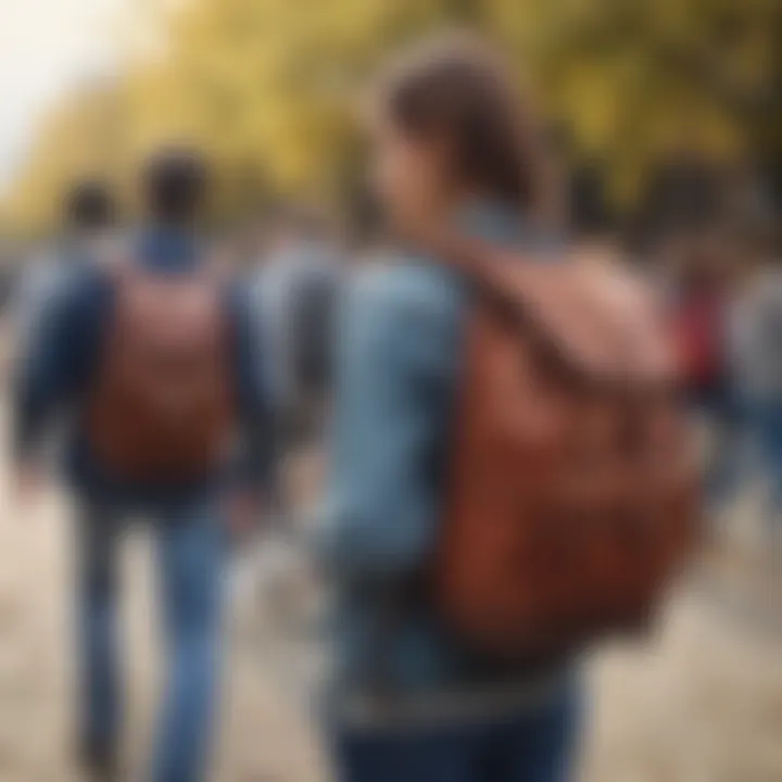 Students using backpacks on a busy campus walkway.