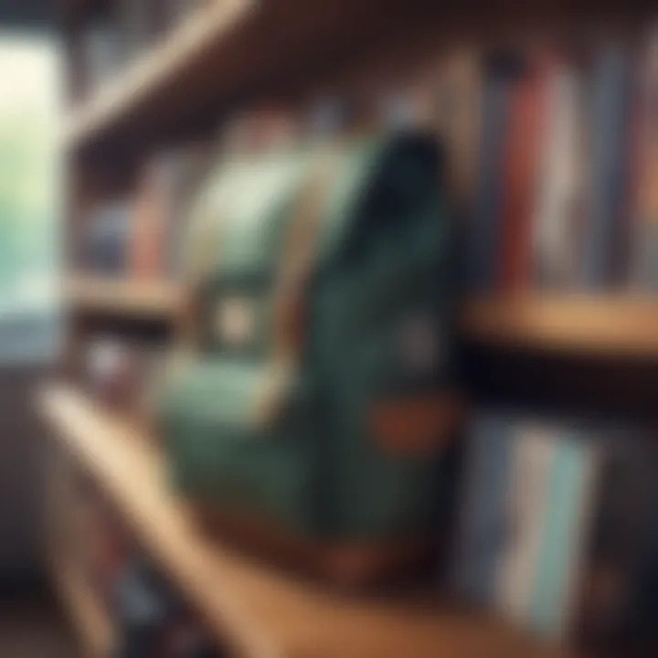 A stylish backpack hanging on a campus library shelf.