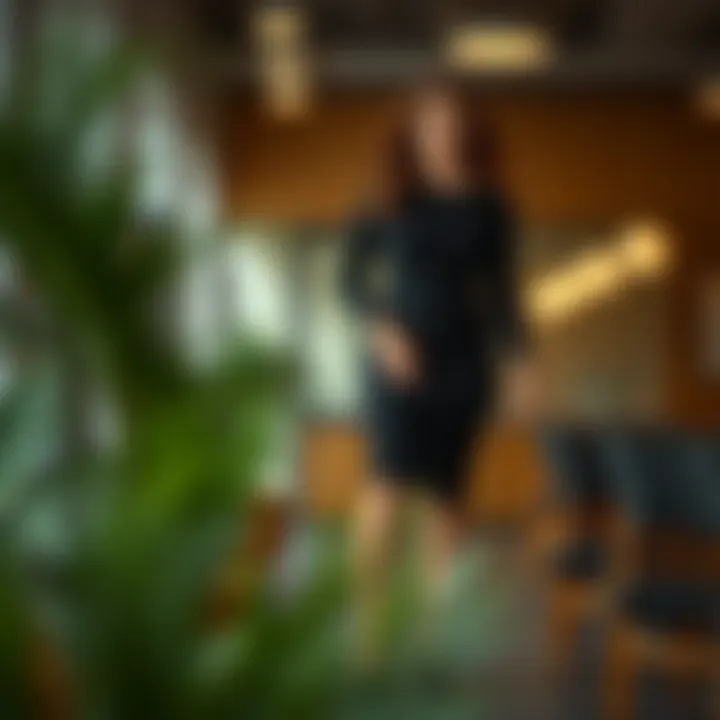 Fashionable black knit dress worn in a professional setting