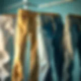 A stylish display of light wash jeans showcasing different cuts and styles.