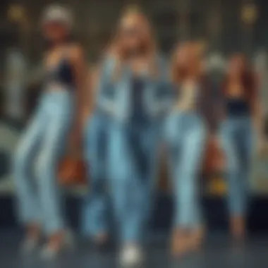 Styling Options with Light Wash Jeans A creative arrangement of light wash jeans paired with various outfits and accessories.