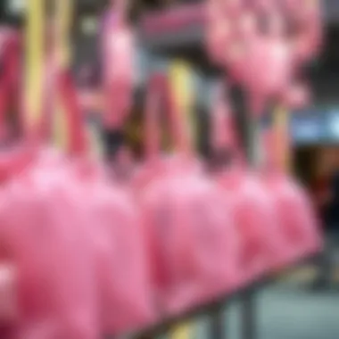 Elegant pink organza bags displayed at a fashion event