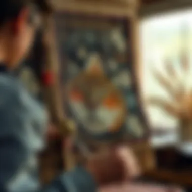 Artisan Techniques in Cat Tapestry Creation An artist skillfully weaving a cat tapestry, illustrating traditional crafting techniques