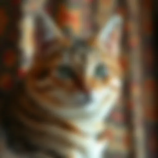 A detailed close-up of a cat tapestry showcasing intricate patterns and textures