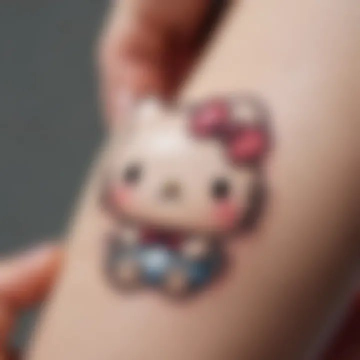 Close-up of a Sanrio tattoo being applied on skin