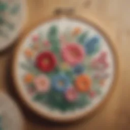 Close-up view of intricate embroidery work displayed in a vintage wooden hoop.