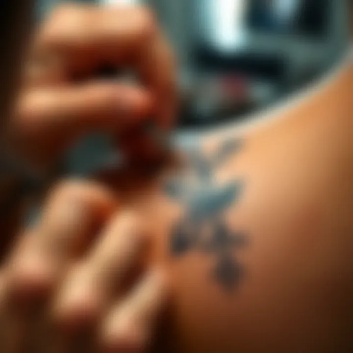 Application of Temporary Tattoos Close-up of a person applying a temporary tattoo on their skin, highlighting the application technique.