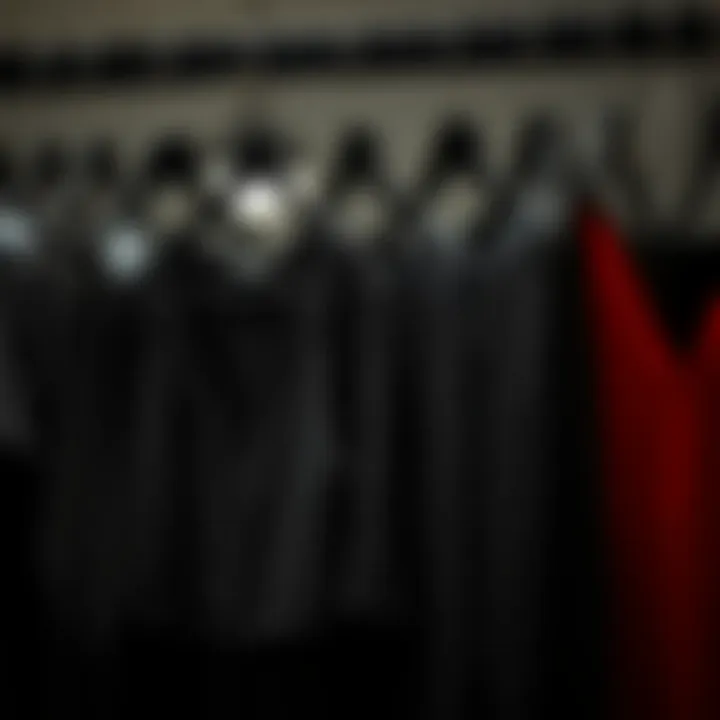 A collection of various black tops displayed on hangers