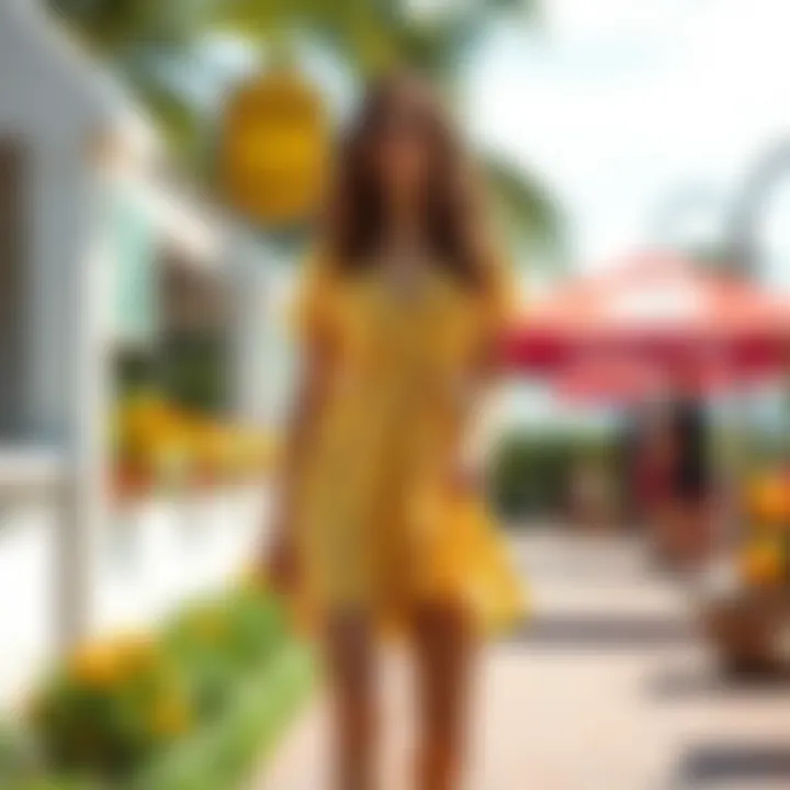 A vibrant outdoor scene showcasing a dress and shorts pairing.