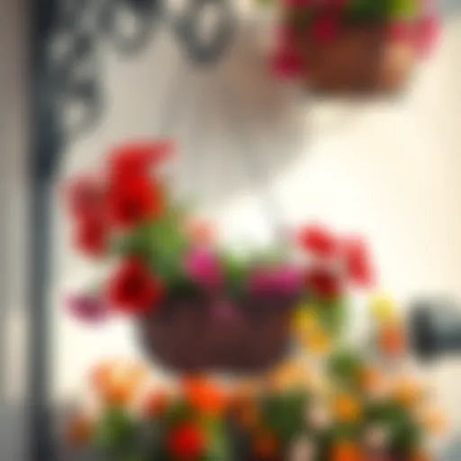 Elegant wrought iron wall hanging planter adorned with vibrant flowers