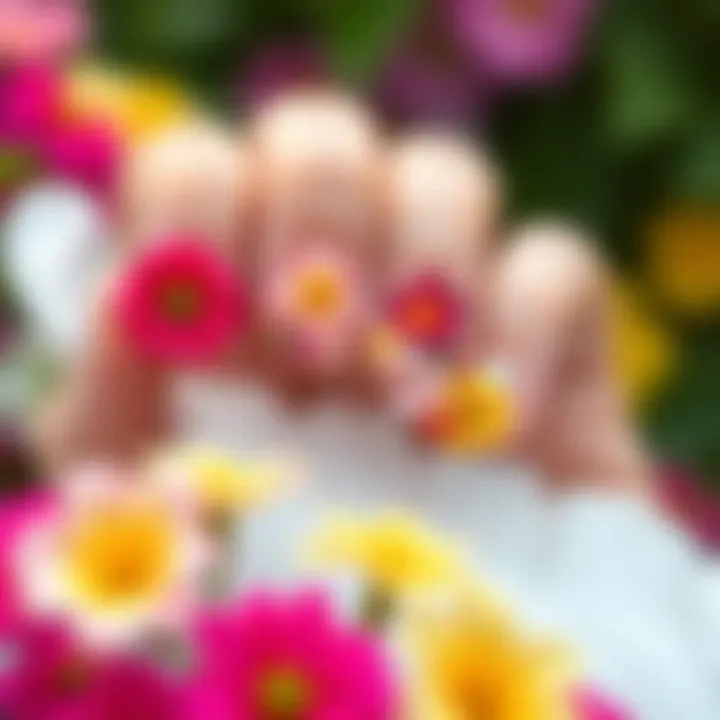 Vibrant Summer Flower Nails Bright and colorful flower-themed fake nails perfect for summer.