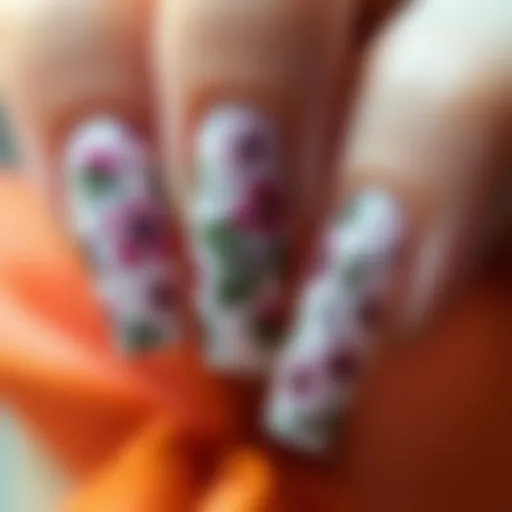 Elegant floral design on fake nails showcasing intricate patterns.