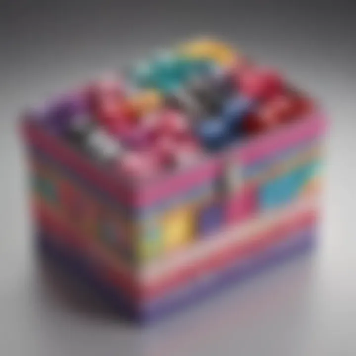Colorful fabric storage box filled with assorted hair clips and bands.