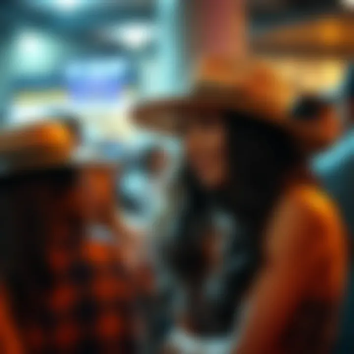 Group of friends wearing similar hats at a social event