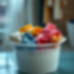 A stylish laundry bucket filled with colorful garments soaking in water