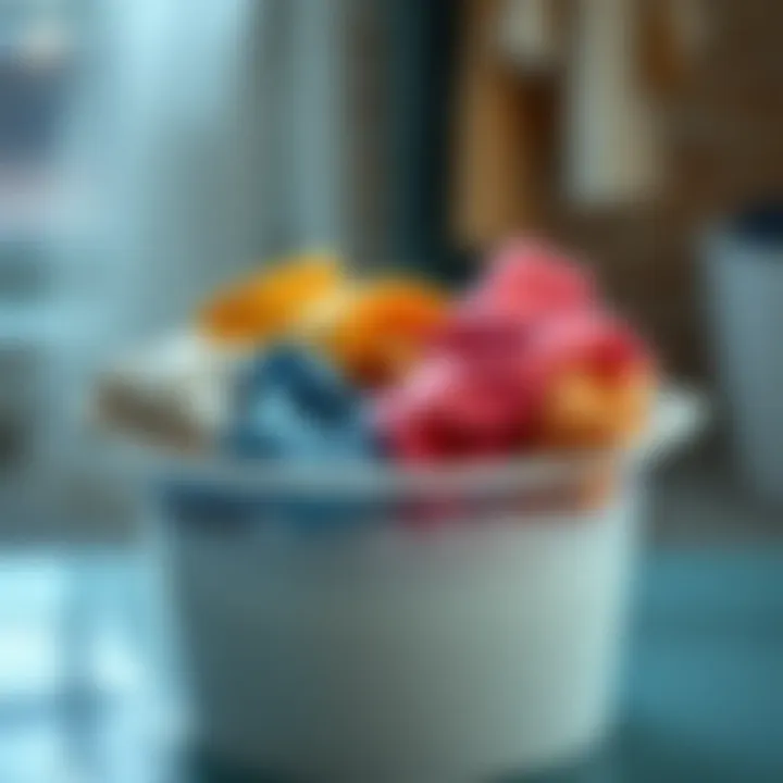 Soaking Garments in Style A stylish laundry bucket filled with colorful garments soaking in water