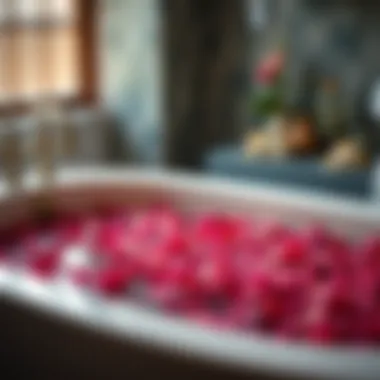 Luxurious bath with rose petals floating on the surface