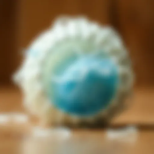 Close-up view of a pet hair catching wash ball with fibers trapped inside