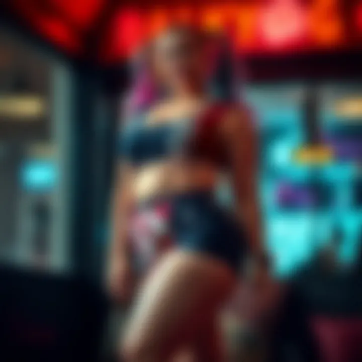 A fashion model confidently wearing plus size Harley Quinn shorts, embodying body positivity.