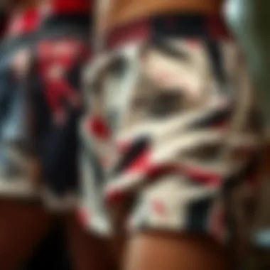 A display of various fabric options for plus size Harley Quinn shorts, highlighting textures and patterns.