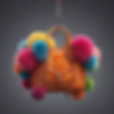 A colorful assortment of pom pom bag charms displayed artistically.