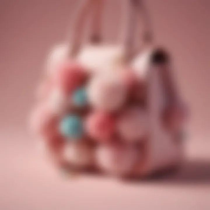 Close-up of pom pom bag charms attached to a stylish handbag.