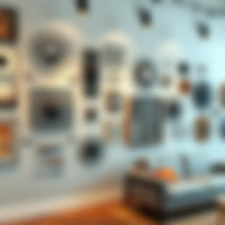 Stylish display of diverse metal wall art pieces in a gallery