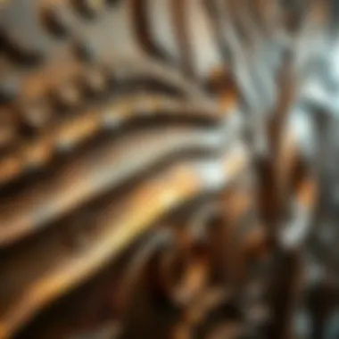 Close-up of intricate metal wall art showcasing unique textures