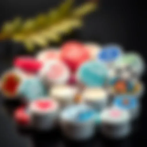 Artistic arrangement of round lip balm containers showcasing various designs