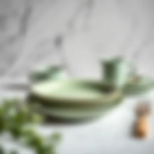 Elegant sage green dessert plate set against a marble backdrop