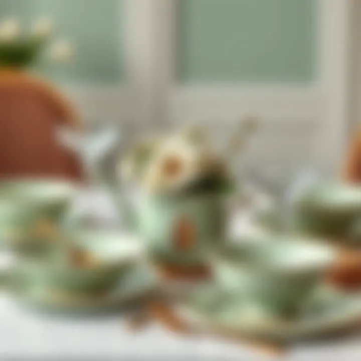 Table setting featuring sage green dessert plates with floral accents