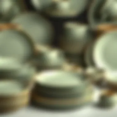 Variety of sage green plates displayed in an artistic manner