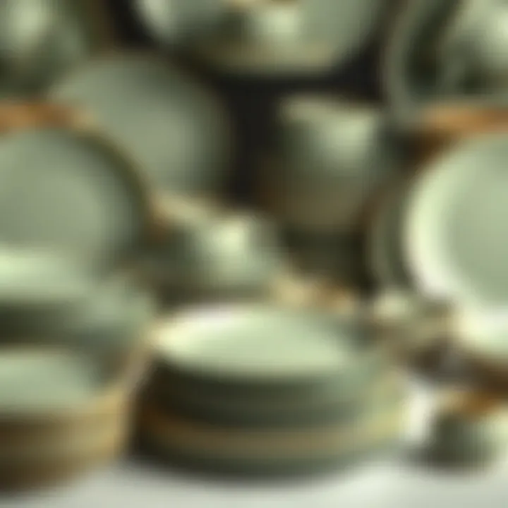 Variety of sage green plates displayed in an artistic manner