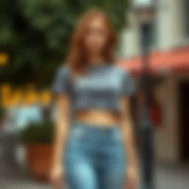 Casual Layered Look Layered styling of a casual short sleeve crop top with high-waisted jeans