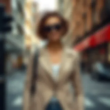 A woman confidently wearing a slim fit jacket on a city street